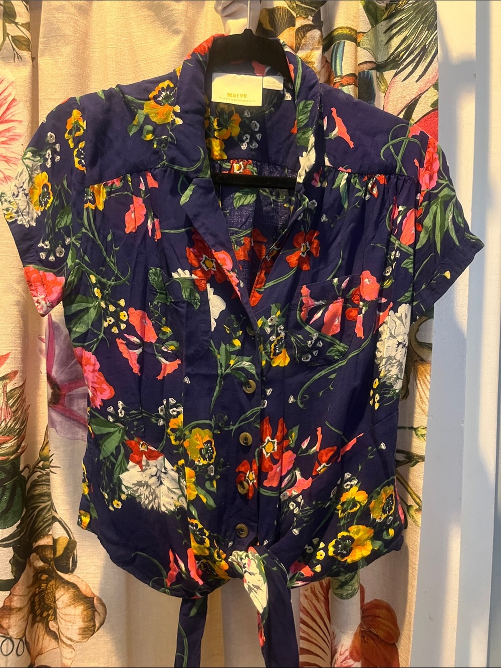 Maeve Navy Floral Button-Up Tie Front Blouse